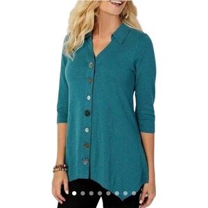Soft Surroundings Danielle Eclectic Buttons 3/4 Sleeve Tunic Top Medium Teal